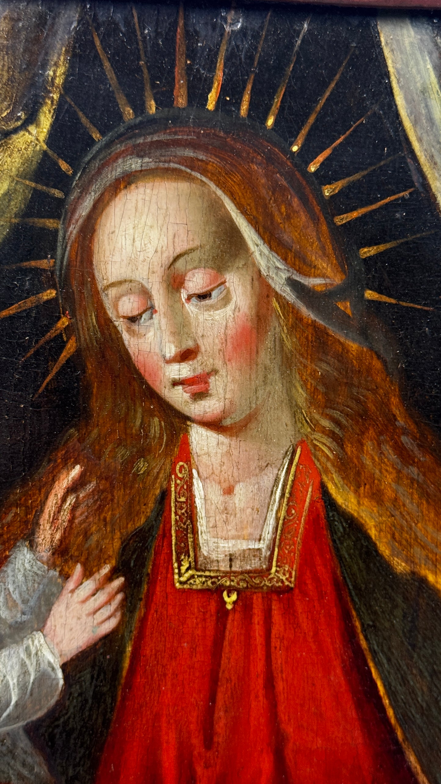 Vierge à l'Enfant Jésus, huile sur panneau de bois 17ème