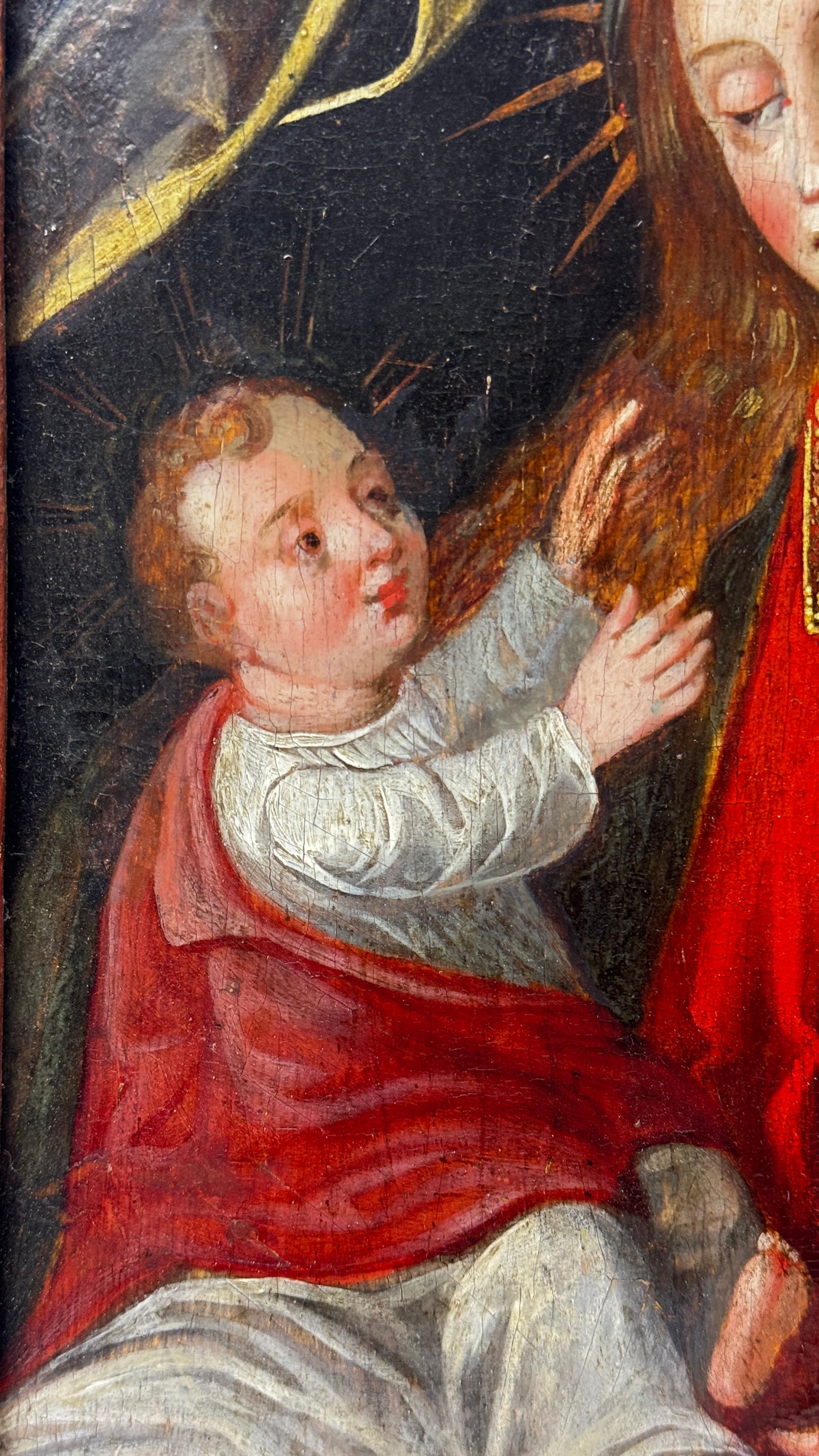 Vierge à l'Enfant Jésus, huile sur panneau de bois 17ème