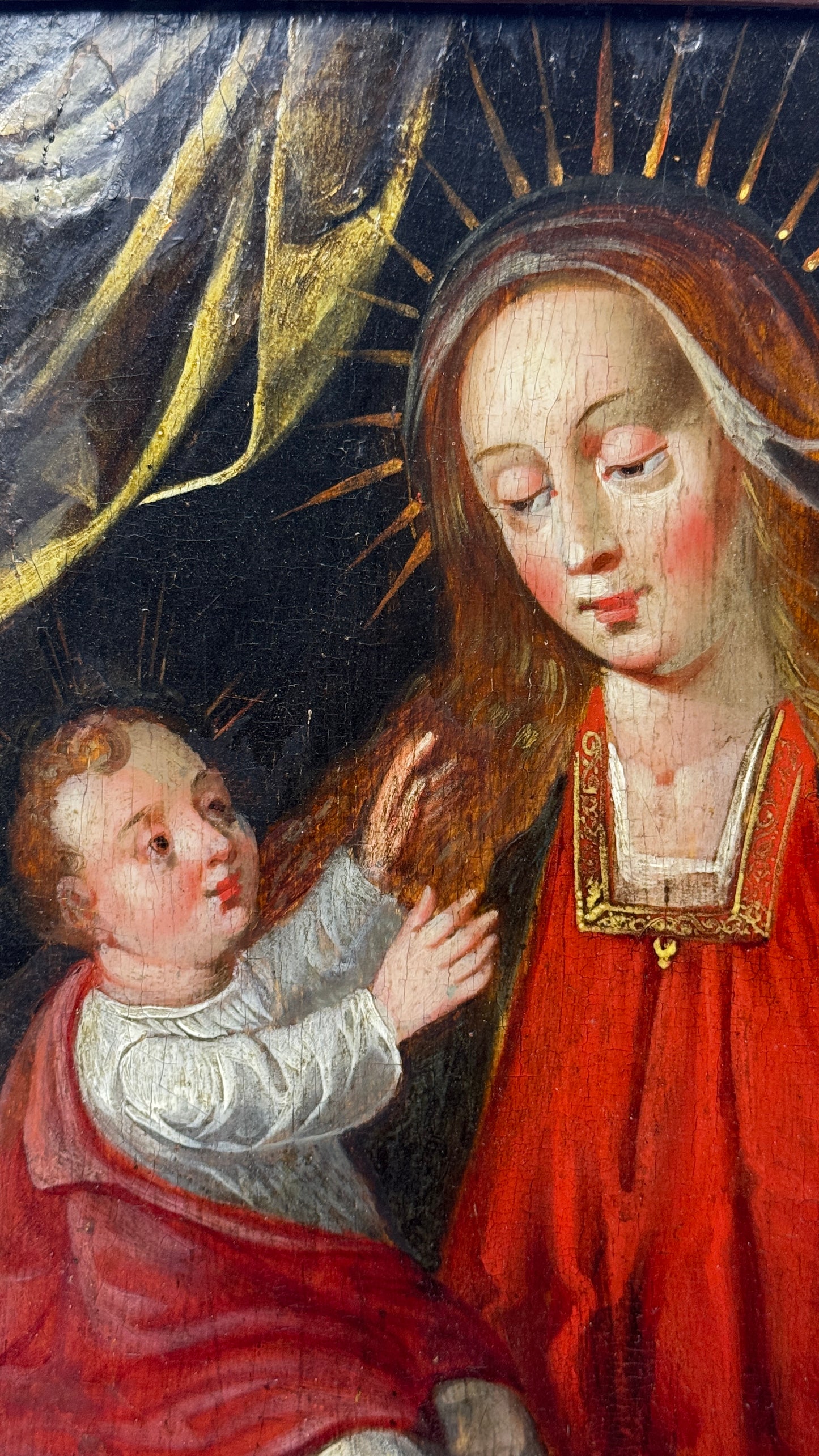 Vierge à l'Enfant Jésus, huile sur panneau de bois 17ème