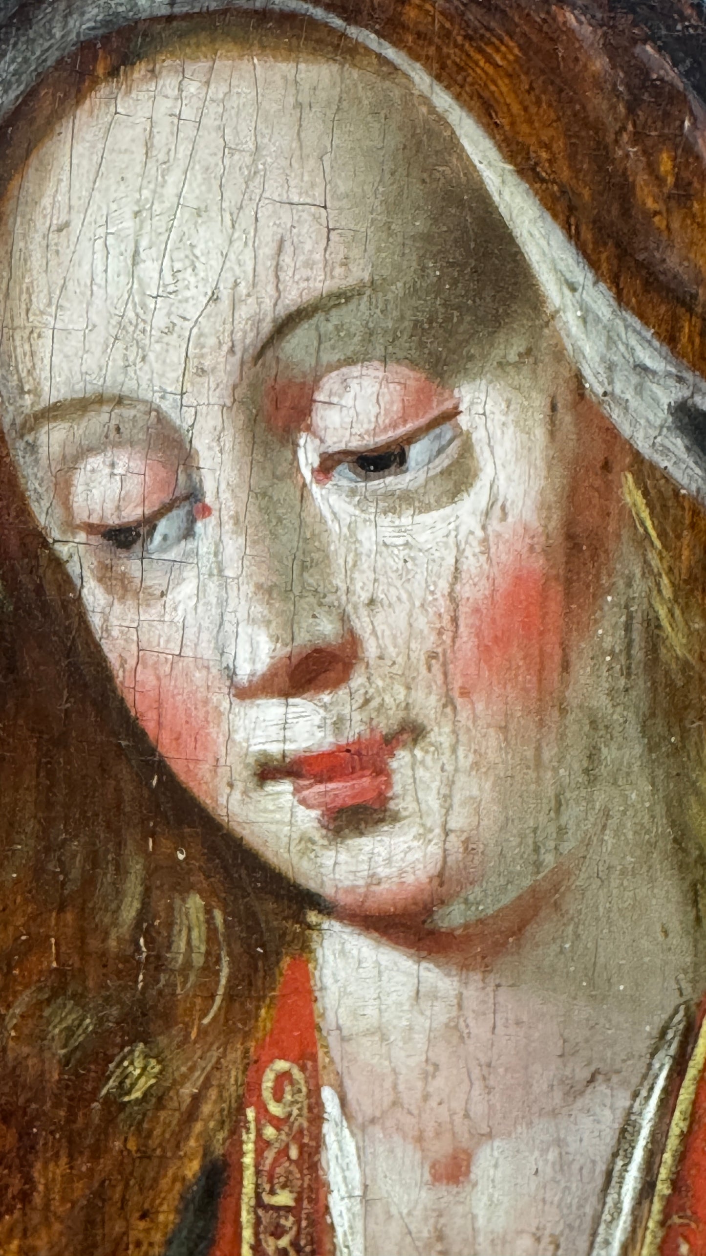 Vierge à l'Enfant Jésus, huile sur panneau de bois 17ème
