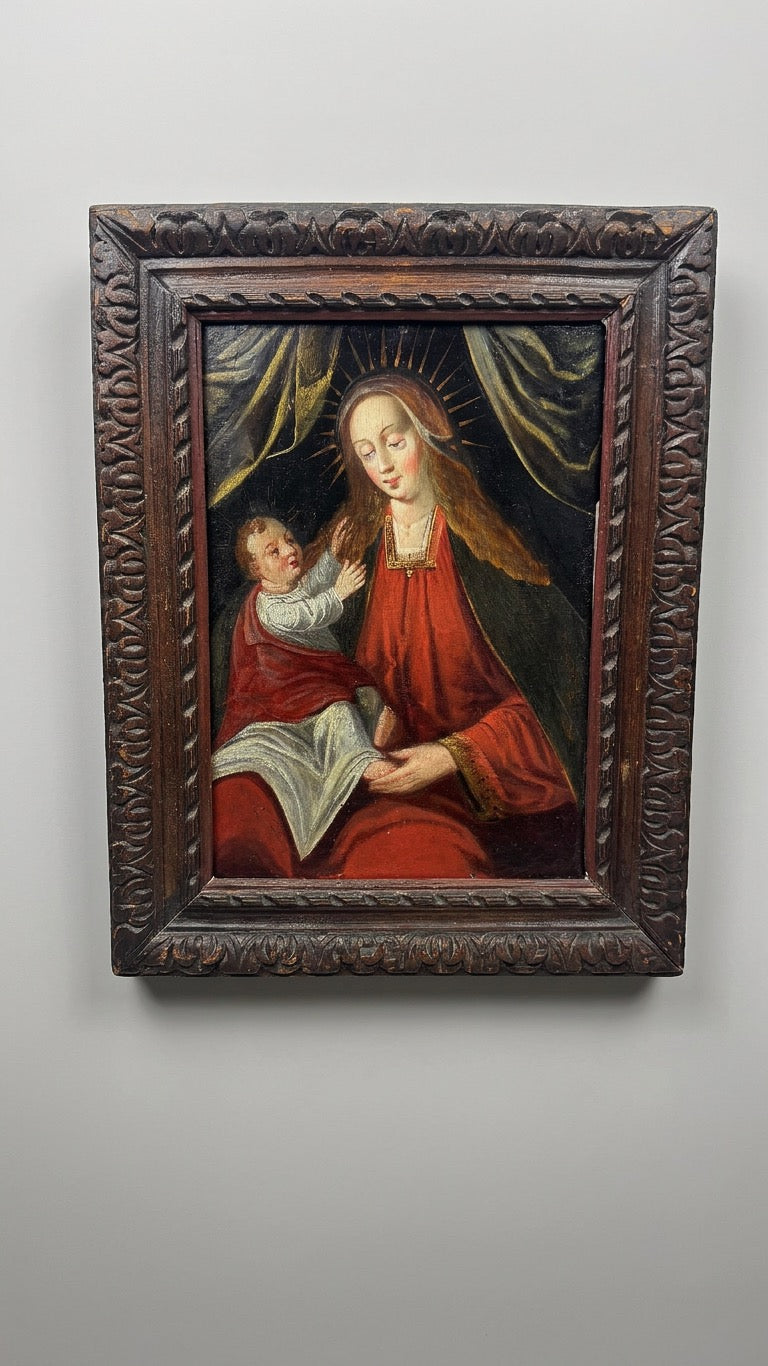 Vierge à l'Enfant Jésus, huile sur panneau de bois 17ème
