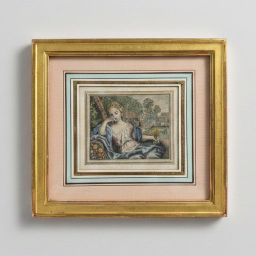 Petite estampe en couleurs 18ème, La Moisson
