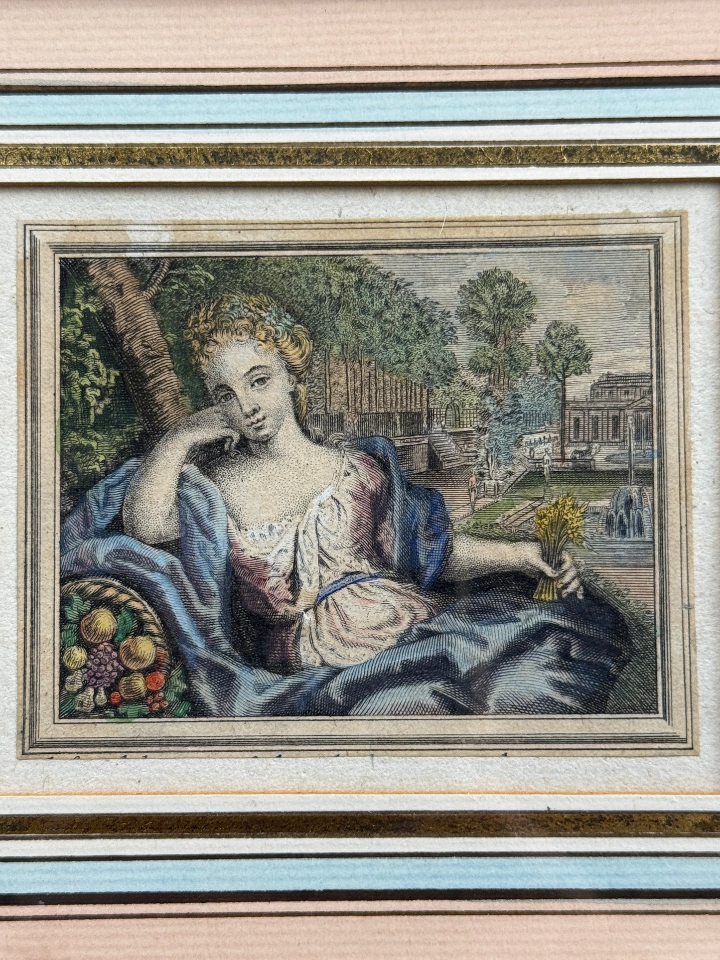 Petite estampe en couleurs 18ème, La Moisson