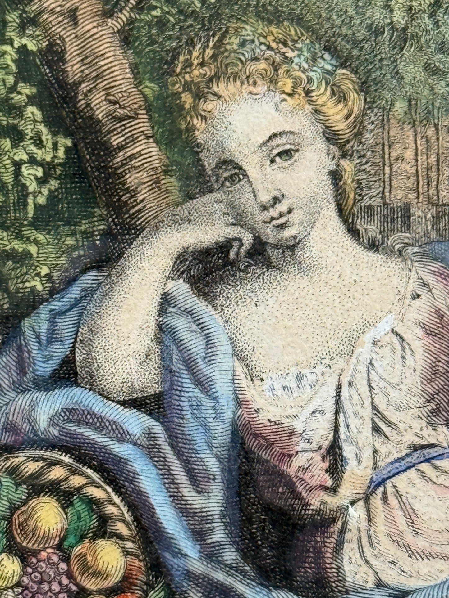 Petite estampe en couleurs 18ème, La Moisson