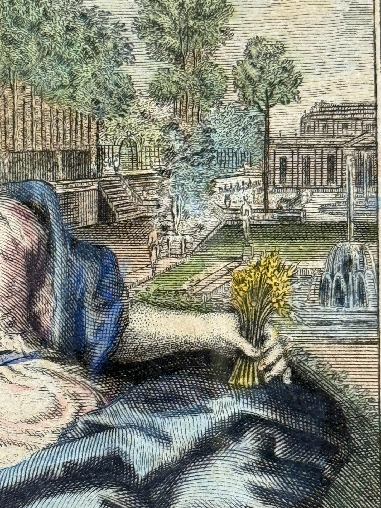 Petite estampe en couleurs 18ème, La Moisson
