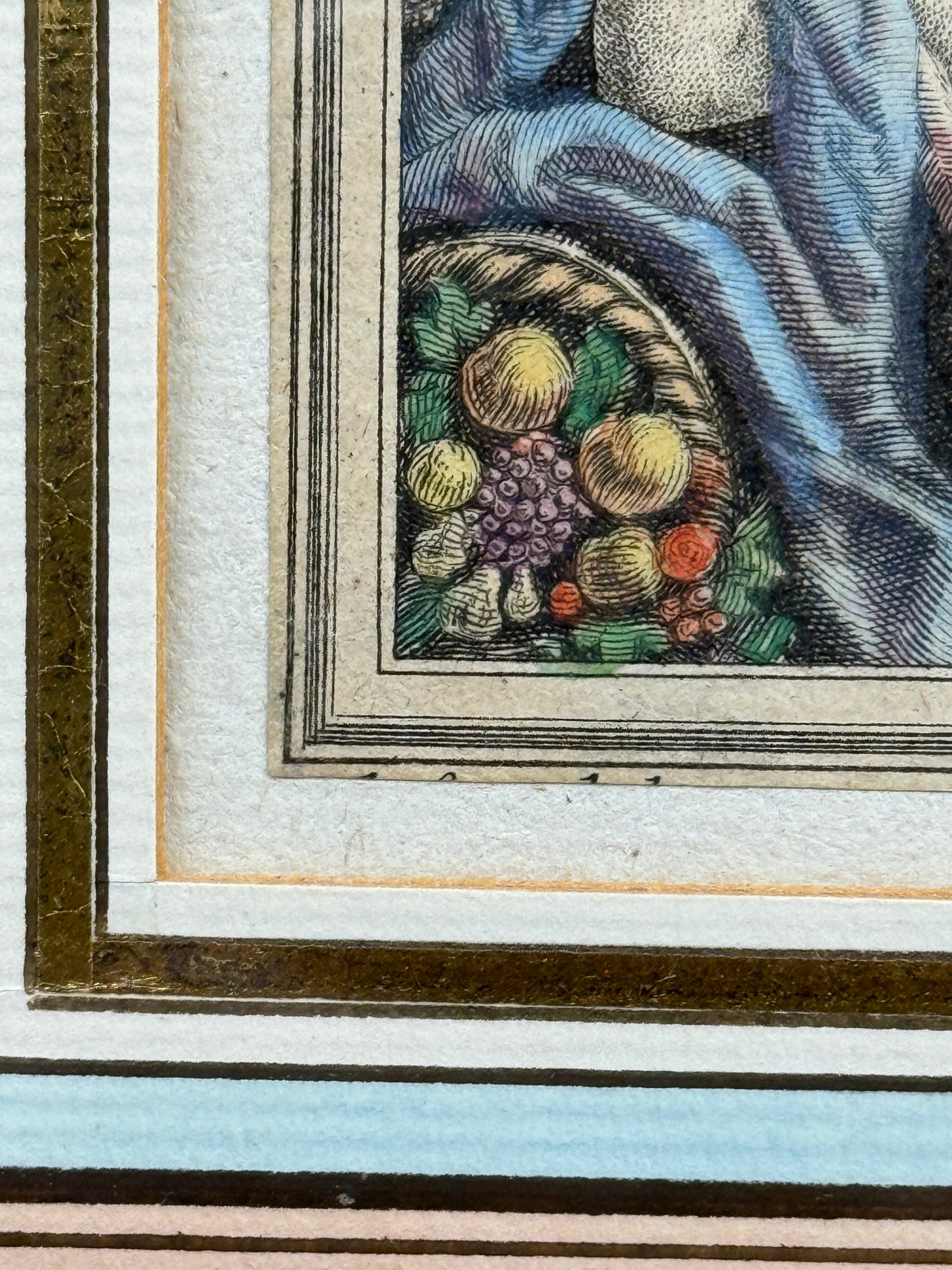 Petite estampe en couleurs 18ème, La Moisson