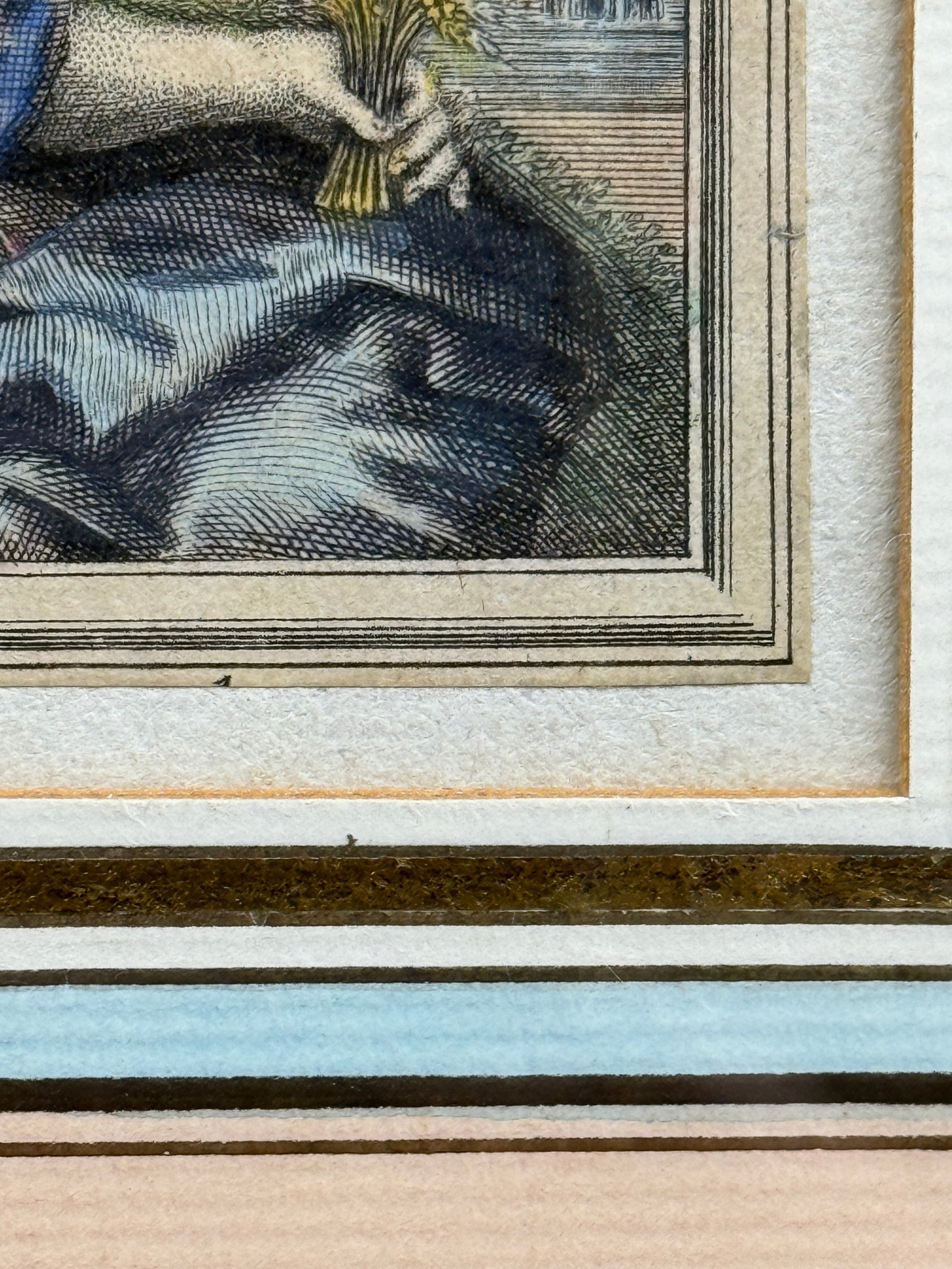 Petite estampe en couleurs 18ème, La Moisson