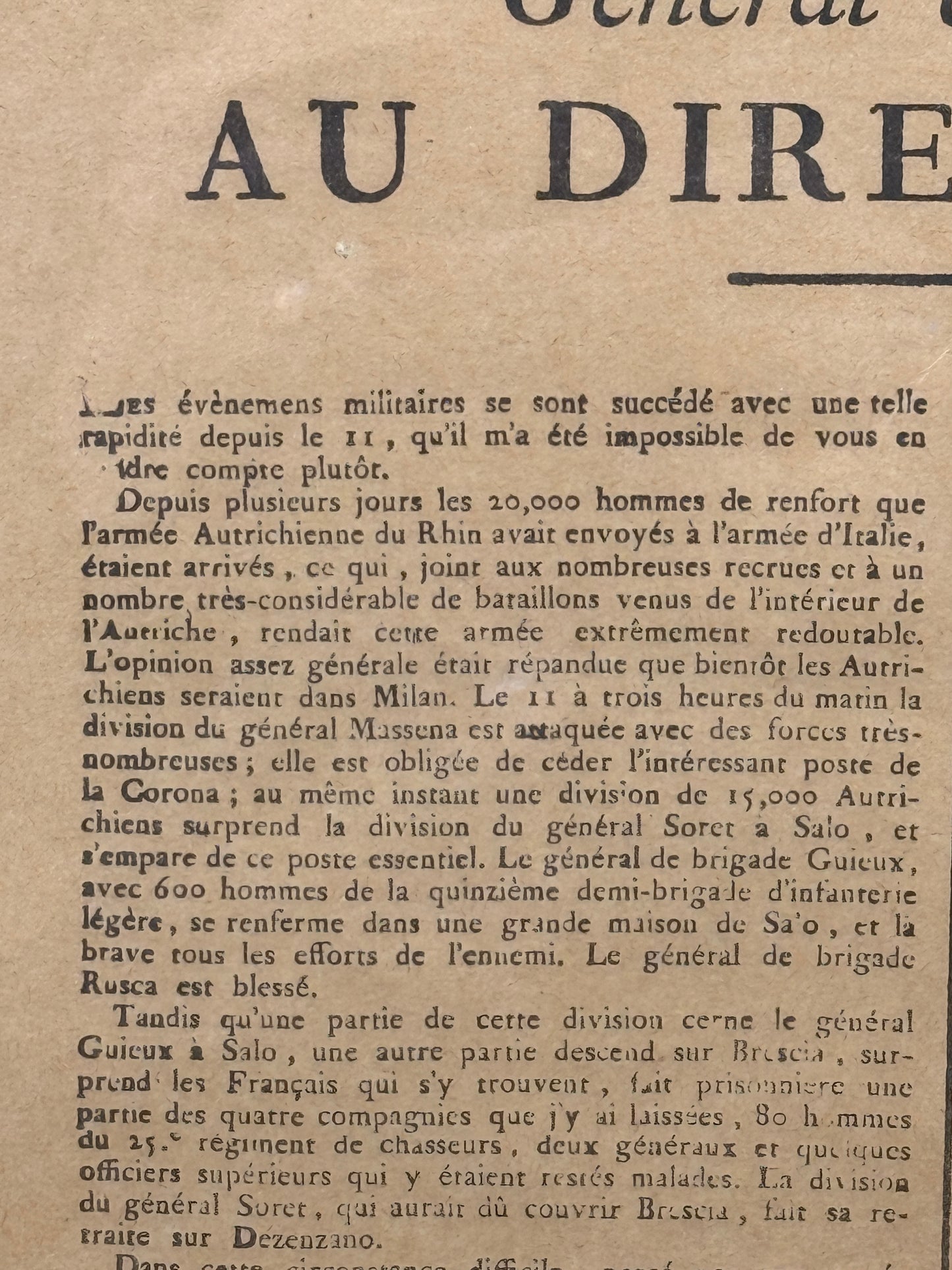 Buonaparte Général en chef de l'Armée d'Italie au Directoire exécutif