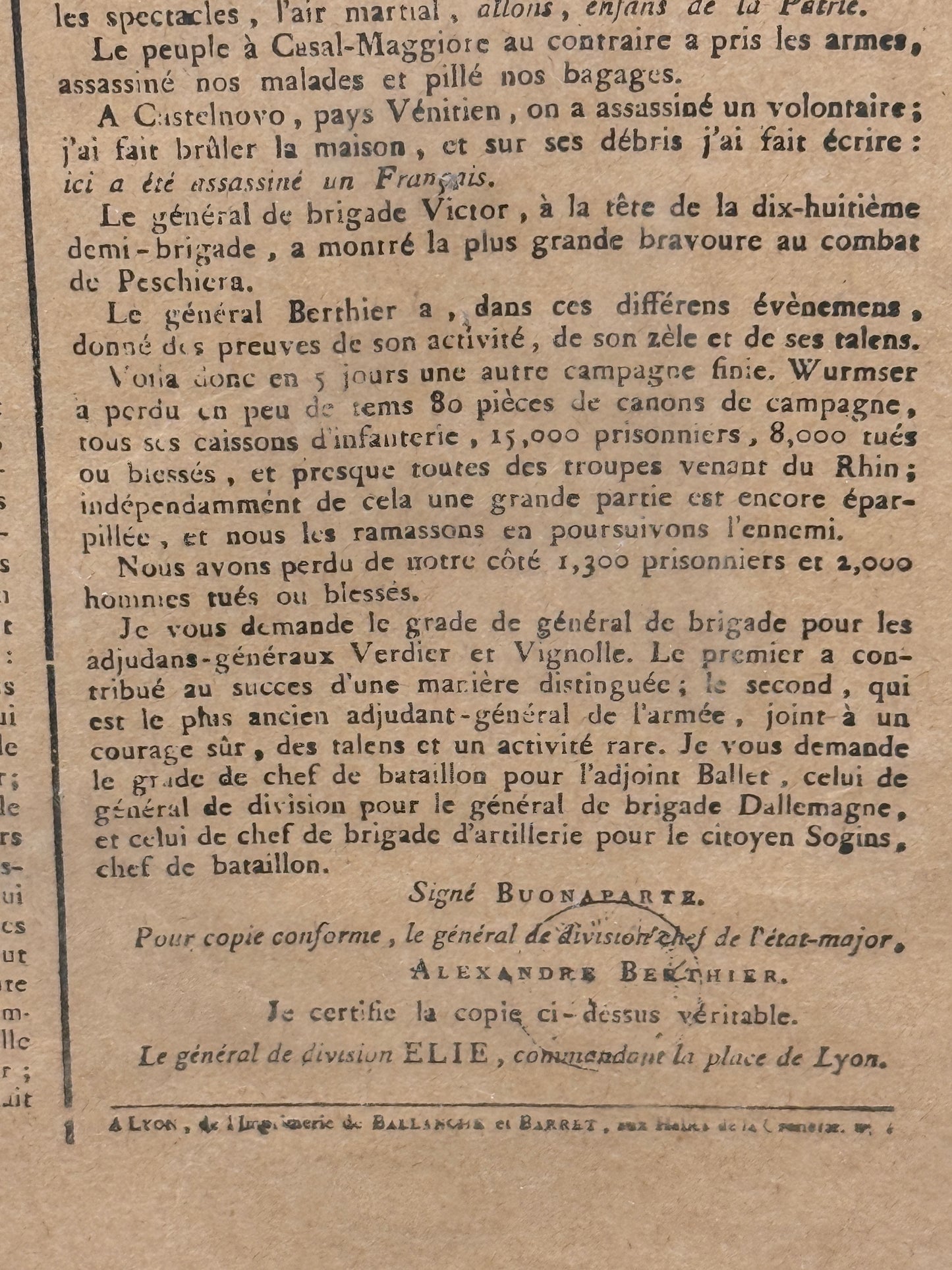 Buonaparte Général en chef de l'Armée d'Italie au Directoire exécutif