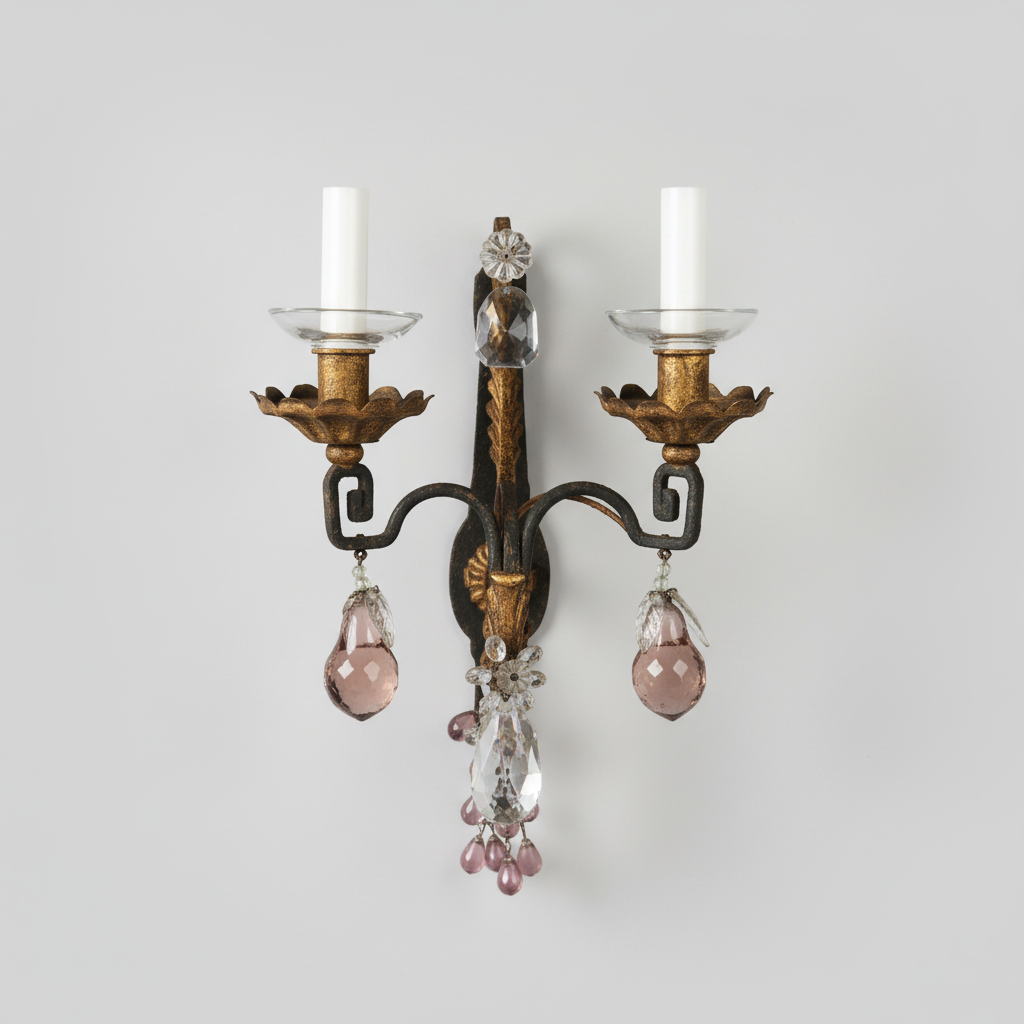 Maison Baguès, paire d'appliques en fer forgé et tôle dorée vers 1900