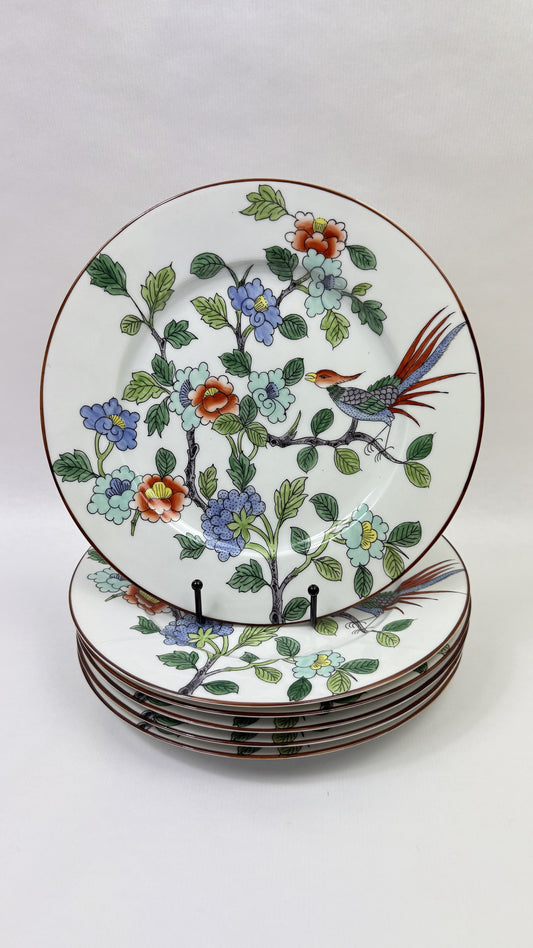 6 assiettes Porcelaine de Paris pour Tiffany & Co, décor oiseau et pivoines peint main, vue d'ensemble
