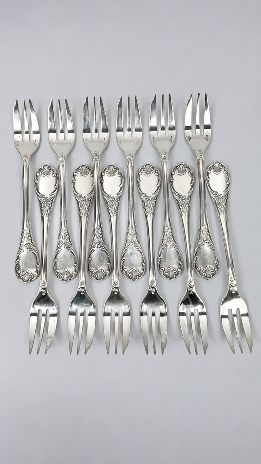 Ensemble de 12 fourchettes à gâteau Christofle Marly en métal argenté