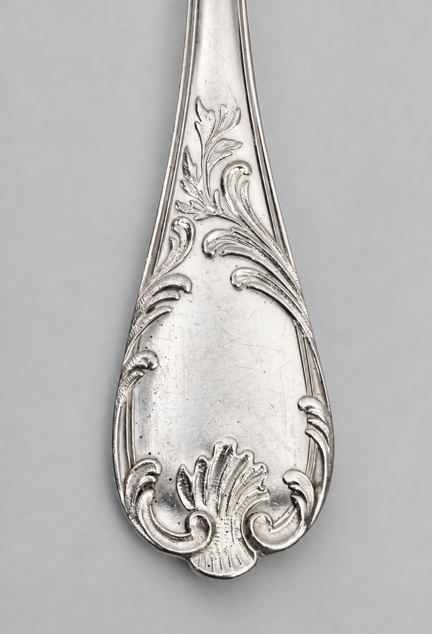 Détail du décor rocaille du manche de la cuillère Christofle Marly
