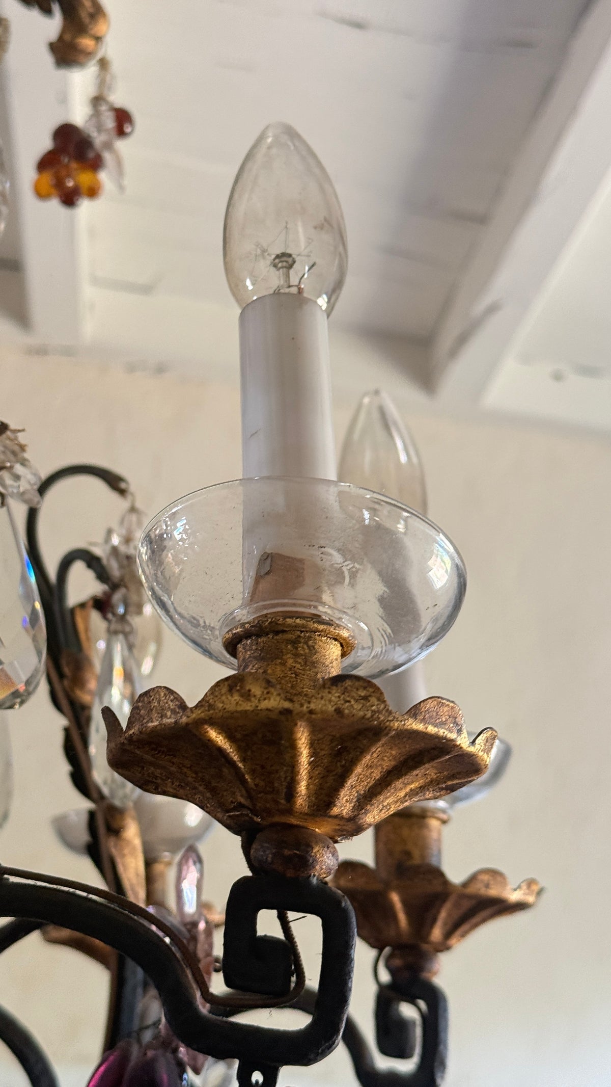 Lustre cage à pampilles et fruits en verre, Maison Baguès, six lumières