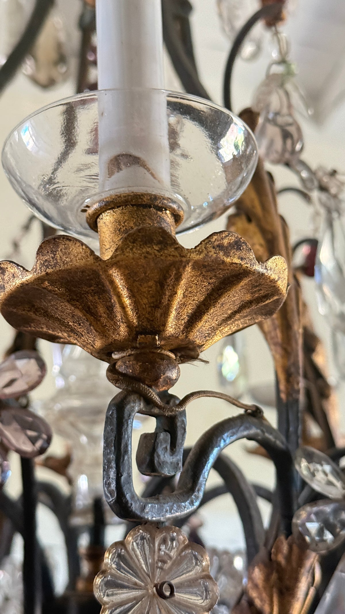 Lustre cage à pampilles et fruits en verre, Maison Baguès, six lumières