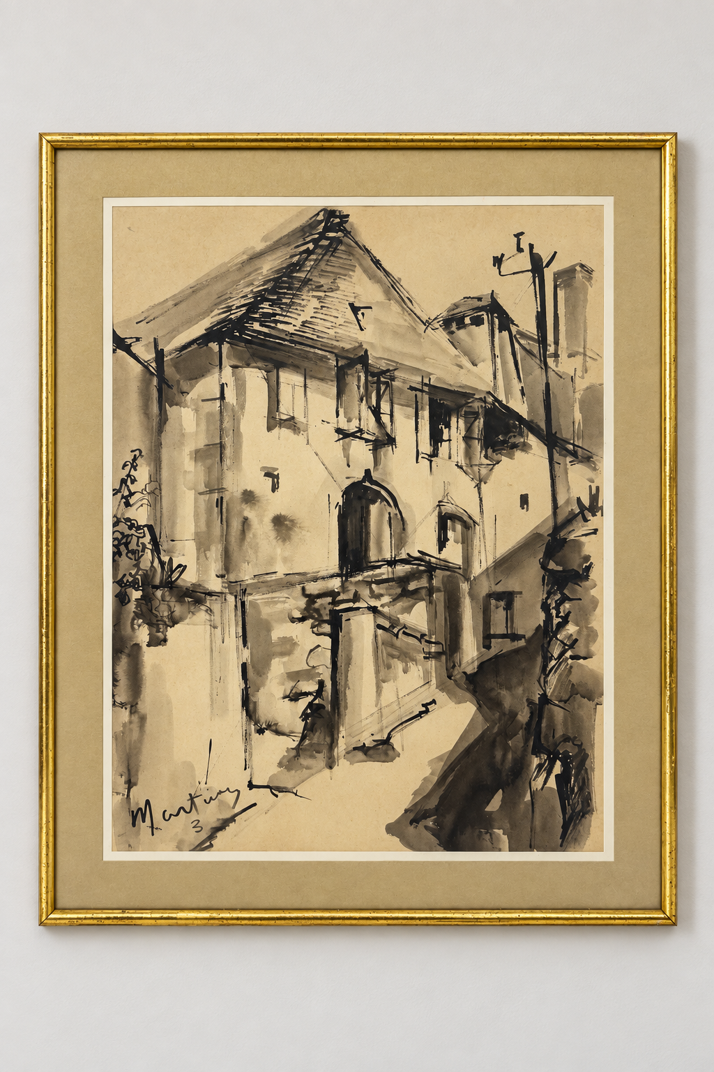 Vue de ruelle ancienne – encre et lavis signé Martiny, encadré