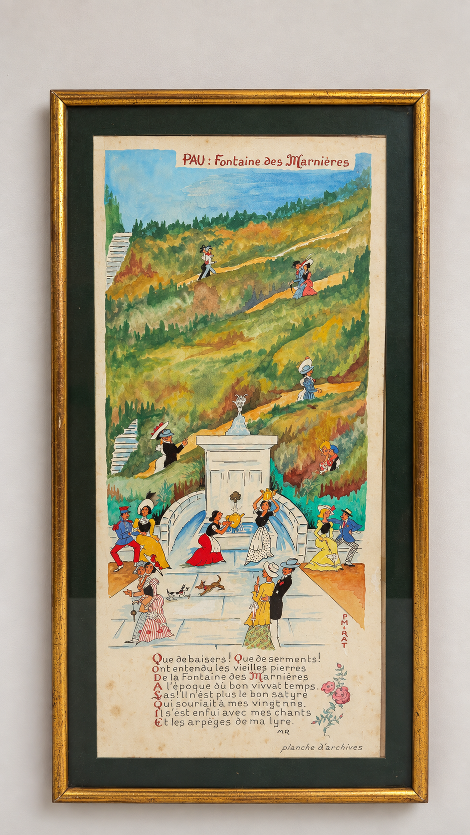 Paul Mirat, Pau – Fontaine des Marnières, gouache et aquarelle originale, vue encadrée