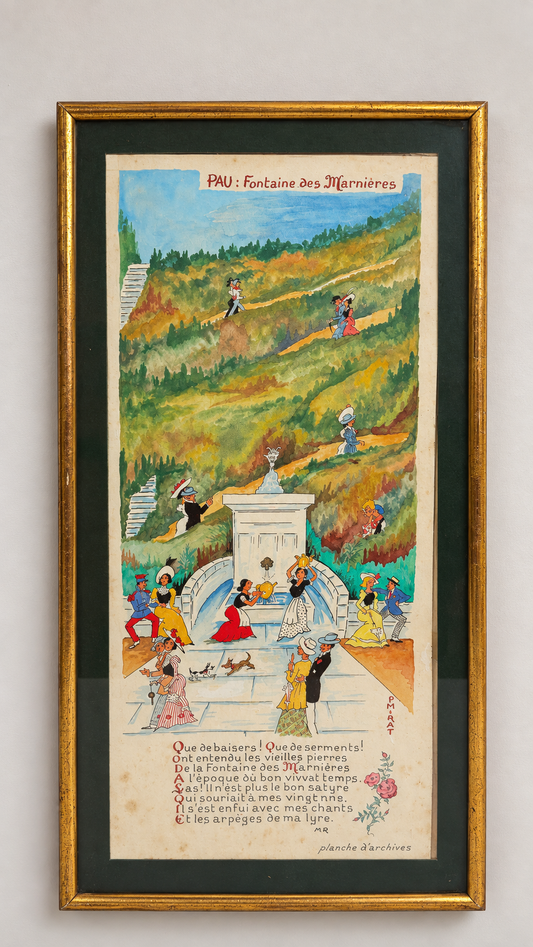 Paul Mirat, Pau – Fontaine des Marnières, gouache et aquarelle originale, vue encadrée