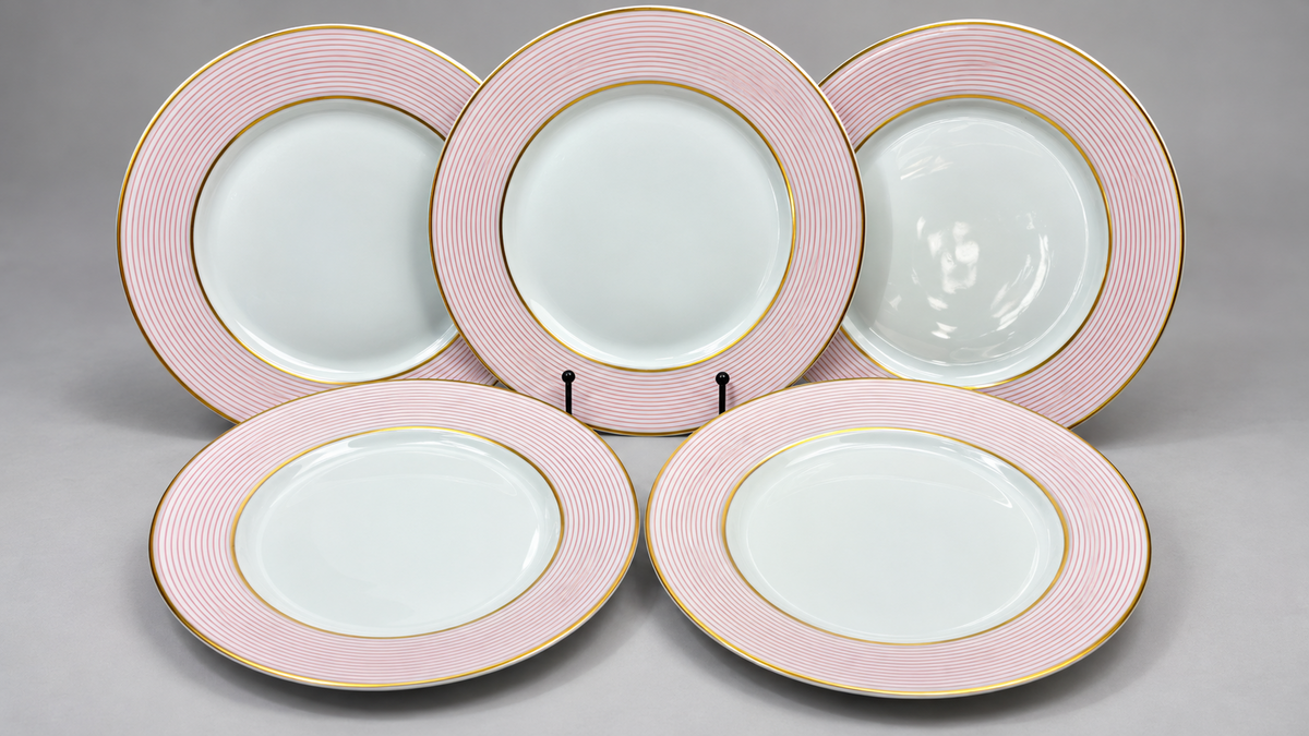 Raynaud Mille Raies, cinq assiettes plates, photographie 1